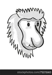 Retro cartoon mono line style drawing of head of a Proboscis Monkey, a medium-sized arboreal primate and endangered wildlife species on isolated white background done in black and white.. Proboscis Monkey Endangered Wildlife Cartoon Mono Line Drawing