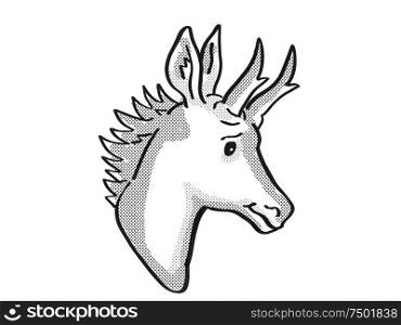 Retro cartoon mono line style drawing of head of a pronghorn antelope, the fastest hoofed animal in North America, an endangered wildlife species on isolated white background done in black and white.. pronghorn antelope Endangered Wildlife Cartoon Mono Line Drawing
