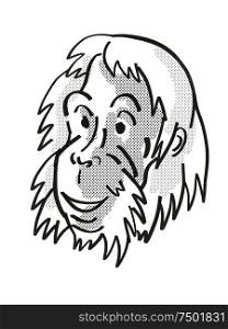 Retro cartoon mono line style drawing of head of a Sumatran Orangutan , an endangered wildlife species on isolated white background done in black and white.. Sumatran Orangutan Endangered Wildlife Cartoon Mono Line Drawing