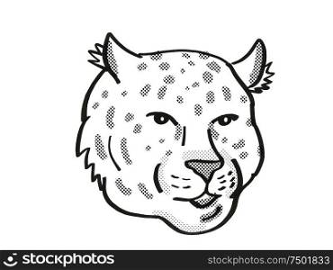 Retro cartoon mono line style drawing of head of an Amur Leopard, an endangered wildlife species on isolated white background done in black and white.. Amur Leopard Endangered Wildlife Cartoon Mono Line Drawing