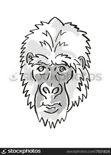 Retro cartoon mono line style drawing of head of an Eastern Gorilla or Gorilla Berengei, an endangered wildlife species on isolated white background done in black and white.. Eastern Gorilla or Gorilla Berengei Endangered Wildlife Cartoon Mono Line Drawing