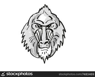 Retro cartoon style drawing head of a Mandrill, a monkey species viewed from front on isolated white background done in black and white. Mandrill Monkey Cartoon Retro Drawing