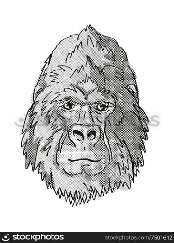 Retro cartoon style drawing head of a Silver Back or Mountain Gorilla, a monkey species viewed from front on isolated white background done in black and white. Silver Back or Mountain Gorilla Cartoon Retro Drawing