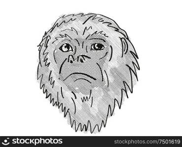 Retro cartoon style drawing head of a Yucatan Black Howler Monkey, a primate species viewed from front on isolated white background done in black and white. Yucatan Black Howler Monkey Cartoon Retro Drawing