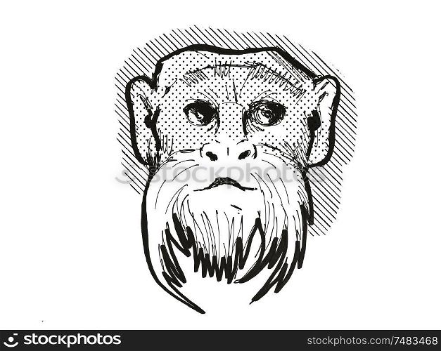 Retro cartoon style drawing head of an Emperor Tamarin , a monkey species viewed from front on isolated white background done in black and white. Emperor Tamarin Monkey Cartoon Retro Drawing