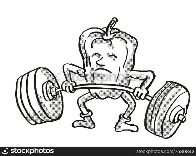 Retro cartoon style drawing of a Bell Pepper or Capsicum, a healthy vegetable lifting a barbell on isolated white background done in black and white.. Bell Pepper or Capsicum Healthy Vegetable Lifting Barbell Cartoon Retro Drawing