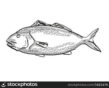 Retro cartoon style drawing of a blue moki , a native New Zealand marine life species viewed from side on isolated white background done in black and white. Blue Moki New Zealand Fish Cartoon Retro Drawing