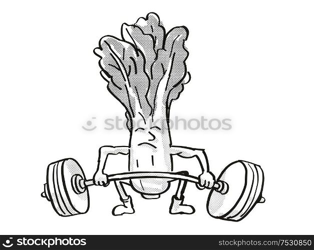 Retro cartoon style drawing of a Bok choy, pak choi or pok choi, a healthy vegetable lifting a barbell on isolated white background done in black and white.. Bok choy or pak choi Healthy Vegetable Lifting Barbell Cartoon Retro Drawing