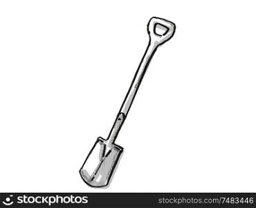Retro cartoon style drawing of a border spade with D-handle , a garden or gardening tool equipment on isolated white background done in black and white. border spade with D-handle Garden Tool Cartoon Retro Drawing