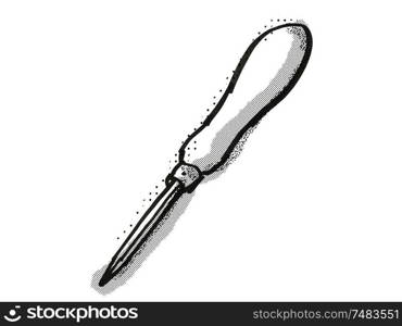 Retro cartoon style drawing of a bradawl , a woodworking hand tool on isolated white background done in black and white. bradawl Woodworking Hand Tool Cartoon Retro Drawing