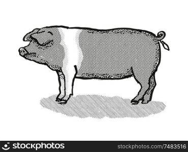 Retro cartoon style drawing of a British Saddleback sow or boar, a pig breed viewed from side on isolated white background done in black and white. British Saddleback Pig Breed Cartoon Retro Drawing