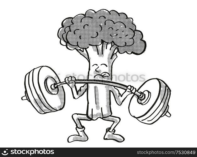 Retro cartoon style drawing of a Broccoli, a healthy vegetable lifting a barbell on isolated white background done in black and white.. Broccoli Healthy Vegetable Lifting Barbell Cartoon Retro Drawing
