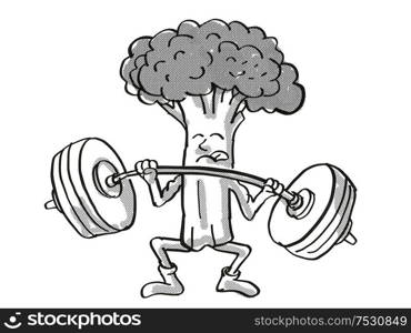 Retro cartoon style drawing of a Broccoli, a healthy vegetable lifting a barbell on isolated white background done in black and white.. Broccoli Healthy Vegetable Lifting Barbell Cartoon Retro Drawing