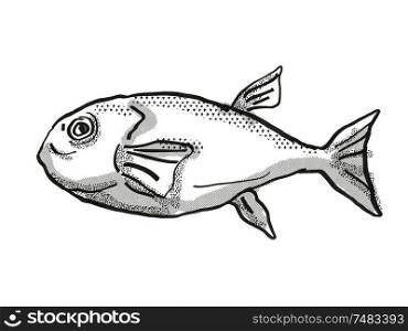 Retro cartoon style drawing of a Brownback Toadfish , a native Australian marine life species viewed from side on isolated white background done in black and white.. Brownback Toadfish Australian Fish Cartoon Retro Drawing