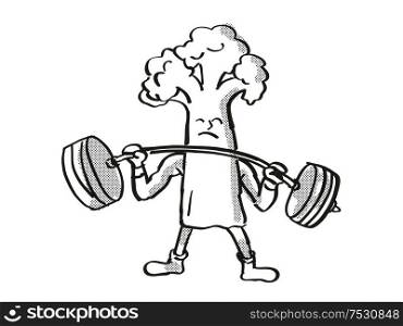 Retro cartoon style drawing of a Cauliflower, a healthy vegetable lifting a barbell on isolated white background done in black and white.. Cauliflower Healthy Vegetable Lifting Barbell Cartoon Retro Drawing