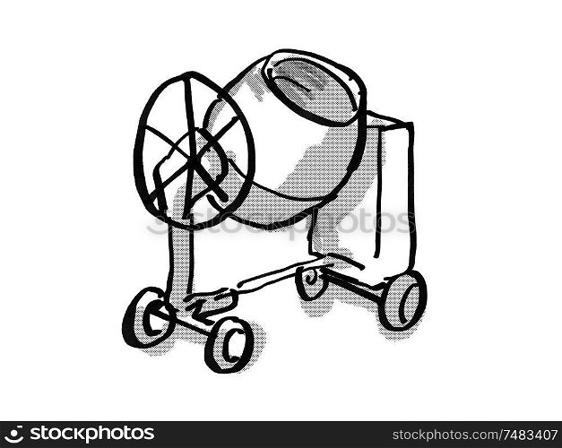 Retro cartoon style drawing of a cement mixer on isolated white background done in black and white. Cement Mixer Cartoon Drawing