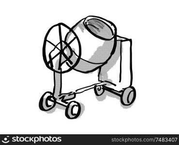 Retro cartoon style drawing of a cement mixer on isolated white background done in black and white. Cement Mixer Cartoon Drawing