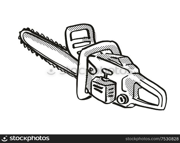 Retro cartoon style drawing of a chainsaw or Chain saw, a power tool or equipment on isolated white background done in black and white.. Chainsaw or Chain Saw Power Tool Equipment Cartoon Retro Drawing