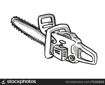 Retro cartoon style drawing of a chainsaw or Chain saw, a power tool or equipment on isolated white background done in black and white.. Chainsaw or Chain Saw Power Tool Equipment Cartoon Retro Drawing