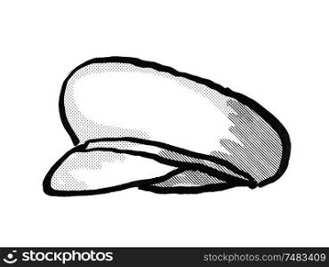 Retro cartoon style drawing of a cheesecutter, flat cap, scally cap, a rounded cap with a small stiff brim in front on isolated white background done in black and white. Cheesecutter Cartoon Drawing