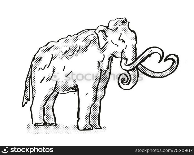 Retro cartoon style drawing of a Columbia Mammoth, an extinct North American wildlife species on isolated background done in black and white full body.. Columbia Mammoth Extinct North American Wildlife Cartoon Drawing
