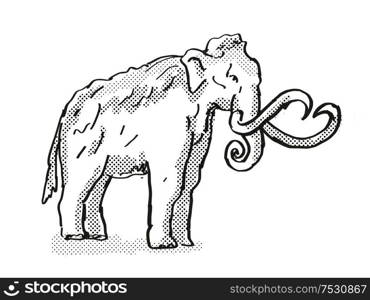 Retro cartoon style drawing of a Columbia Mammoth, an extinct North American wildlife species on isolated background done in black and white full body.. Columbia Mammoth Extinct North American Wildlife Cartoon Drawing