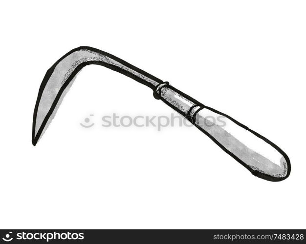 Retro cartoon style drawing of a crevice weeder , a garden or gardening tool equipment on isolated white background done in black and white. crevice weeder Cartoon Retro Drawing