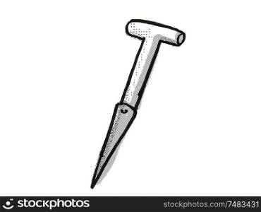 Retro cartoon style drawing of a dibber, dibble or dibbler, a garden or gardening tool equipment on isolated white background done in black and white. Dibber Garden Tool Cartoon Retro Drawing