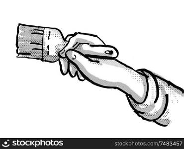 Retro cartoon style drawing of a domestic house painter hand painting with paintbrush on isolated white background done in black and white. House Painter hand Painting Paintbrush Cartoon Retro Drawing