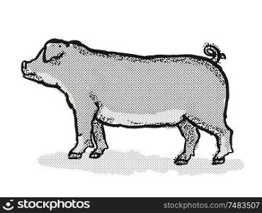Retro cartoon style drawing of a Duroc sow or boar, a pig breed viewed from side on isolated white background done in black and white. Duroc Pig Breed Cartoon Retro Drawing