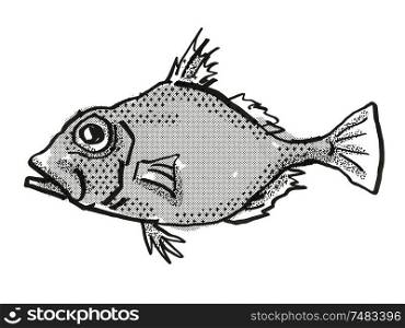 Retro cartoon style drawing of a False Dory , a native Australian marine life species viewed from side on isolated white background done in black and white.. False Dory Australian Fish Cartoon Retro Drawing