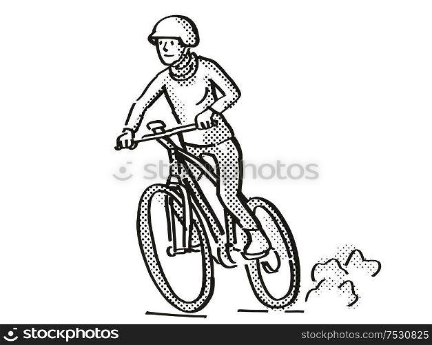 Retro cartoon style drawing of a female cyclist riding on an electric bicycle or e-bike on isolated white background done in black and white. Female Cyclist Riding Electric Bicycle Cartoon Retro Drawing