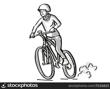 Retro cartoon style drawing of a female cyclist riding on an electric bicycle or e-bike on isolated white background done in black and white. Female Cyclist Riding Electric Bicycle Cartoon Retro Drawing