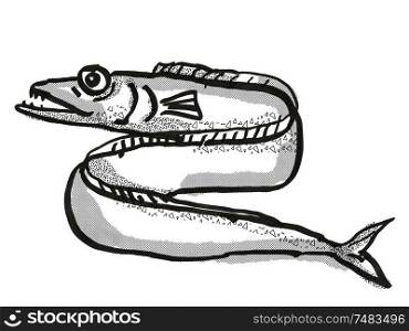 Retro cartoon style drawing of a Frostfish , a native New Zealand marine life species viewed from side on isolated white background done in black and white. Frostfish New Zealand Fish Cartoon Retro Drawing