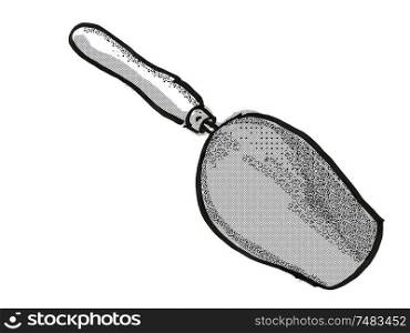 Retro cartoon style drawing of a garden scoop or trowel , a garden or gardening tool equipment on isolated white background done in black and white. garden scoop Garden Tool Cartoon Retro Drawing