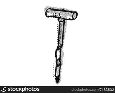 Retro cartoon style drawing of a gimlet , a woodworking hand tool on isolated white background done in black and white. gimlet Woodworking Hand Tool Cartoon Retro Drawing