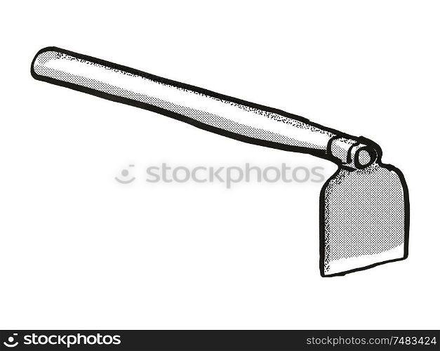 Retro cartoon style drawing of a grub hoe or grab hoe, a garden or gardening tool equipment on isolated white background done in black and white. grub hoe Garden Tool Cartoon Retro Drawing