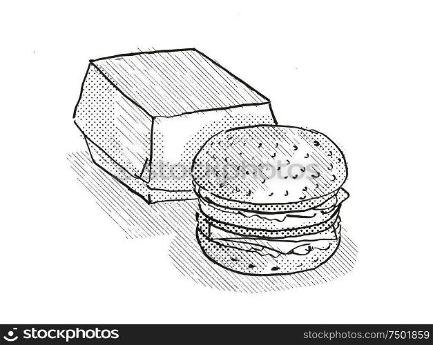 Retro cartoon style drawing of a hamburger or cheeseburger burger meal with packaging on isolated white background done in black and white. Hamburger meal Cartoon Retro Drawing