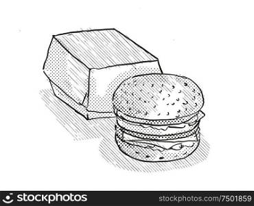 Retro cartoon style drawing of a hamburger or cheeseburger burger meal with packaging on isolated white background done in black and white. Hamburger meal Cartoon Retro Drawing