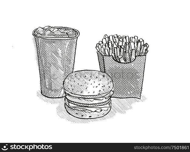 Retro cartoon style drawing of a hamburger or cheeseburger burger, small fries and soft drink in fountain cup on isolated white background done in black and white. Hamburger, small fries and soft drink Cartoon Retro Drawing