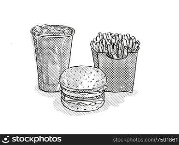 Retro cartoon style drawing of a hamburger or cheeseburger burger, small fries and soft drink in fountain cup on isolated white background done in black and white. Hamburger, small fries and soft drink Cartoon Retro Drawing