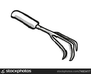 Retro cartoon style drawing of a hand cultivator , a garden or gardening tool equipment on isolated white background done in black and white. Cultivator Garden Tool Cartoon Retro Drawing