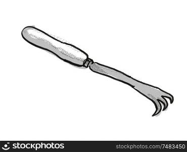 Retro cartoon style drawing of a hand cultivator or rake , a garden or gardening tool equipment on isolated white background done in black and white. hand cultivator Garden Tool Cartoon Retro Drawing
