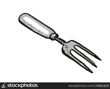 Retro cartoon style drawing of a hand fork , a garden or gardening tool equipment on isolated white background done in black and white. hand fork Garden Tool Cartoon Retro Drawing
