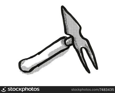 Retro cartoon style drawing of a hand fork and hoe , a garden or gardening tool equipment on isolated white background done in black and white. hand fork and hoe Garden Tool Cartoon Retro Drawing
