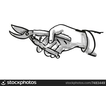 Retro cartoon style drawing of a hand holding secateurs, a garden or gardening tool equipment on isolated white background done in black and white. Hand holding Secateurs Garden Tool Cartoon Retro Drawing