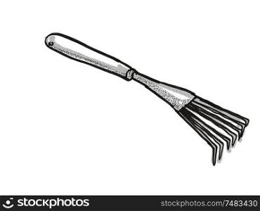 Retro cartoon style drawing of a hand leaf rake, a garden or gardening tool equipment on isolated white background done in black and white. hand leaf rake Garden Tool Cartoon Retro Drawing