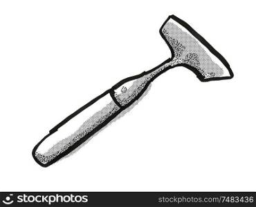Retro cartoon style drawing of a hand push hoe, a garden or gardening tool equipment on isolated white background done in black and white. push hoe Garden Tool Cartoon Retro Drawing