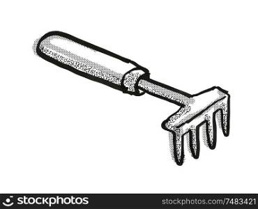 Retro cartoon style drawing of a hand rake , a garden or gardening tool equipment on isolated white background done in black and white. Hand Rake Garden Tool Cartoon Retro Drawing