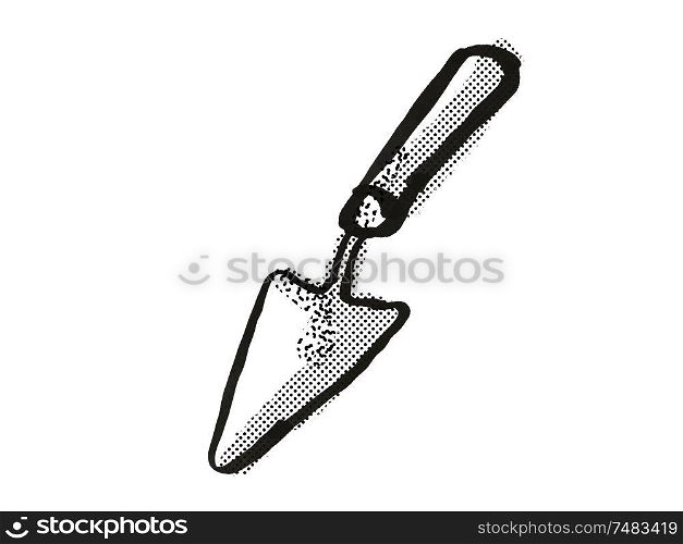 Retro cartoon style drawing of a hand trowel, a garden or gardening tool equipment on isolated white background done in black and white. Hand Trowel Garden Tool Cartoon Retro Drawing